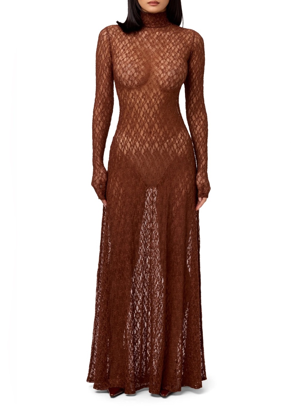 NAKED WARDROBE Sheer Lace Maxi Dress XS Dark Brown Turtleneck A-line Feminine